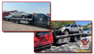 Scrap cars getting towed. Buyers getting cash for junk cars.