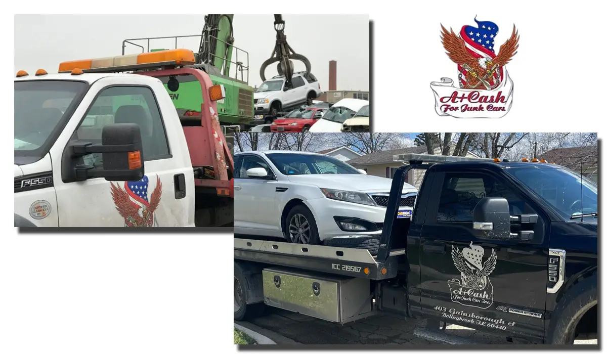 Automotive recycling or junk car recycling, tow trucks, scrapyard, vehicle transport, American flag, eagle decals, pickup, dumping.