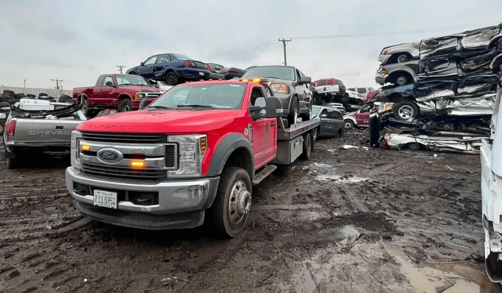 A red tow truck transporting a car junked in Lemont, IL to a salvage yard where vehicles are stacked for recycling.