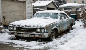 Old snow-covered car that doesn't run parked outside a home during winter in Darien, Illinois.