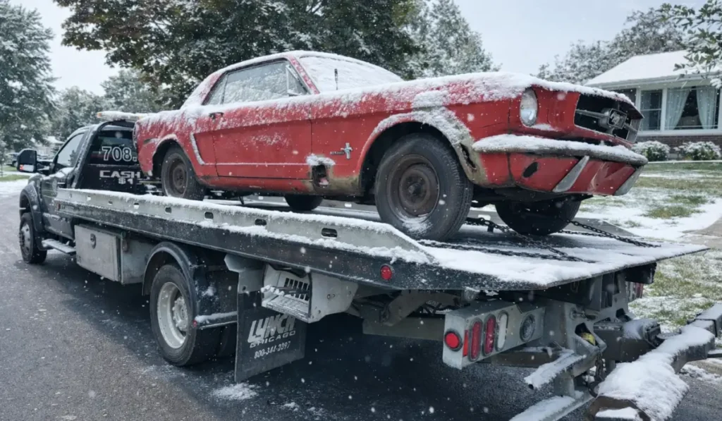 Old car pickup during active snowfall in Downers Grove, showing a rusted vehicle secured on a tow truck for winter removal.